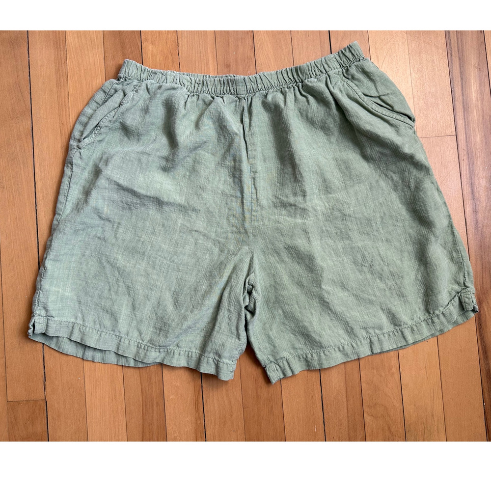 EILEEN FISHER Green Organic Linen Shorts Petite EUC Elastic Waist Pockets